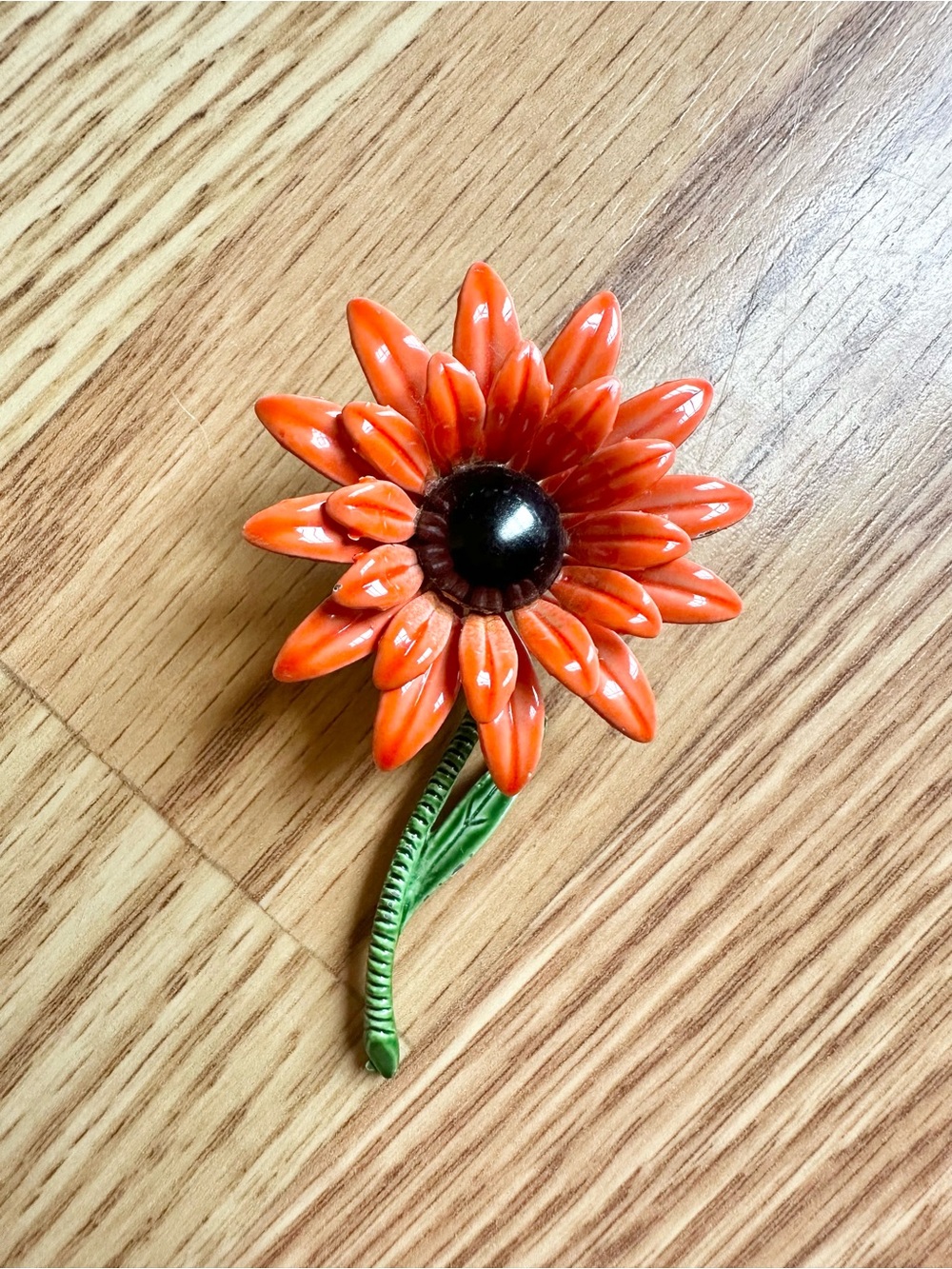 Vintage 1960’s Orange Enamel Sunflower Brooch with Green Stem